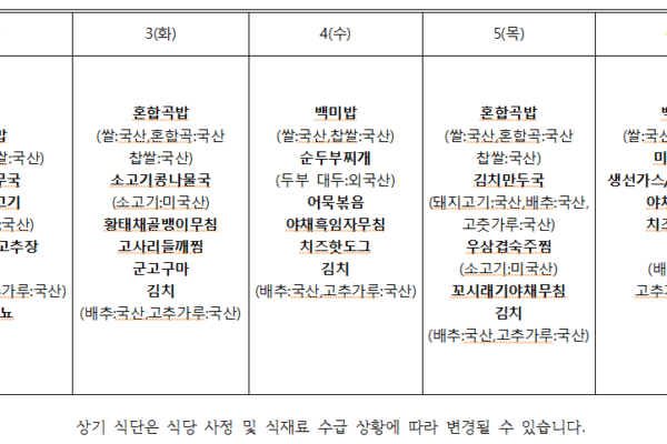 2월 1주 식단표입니다.