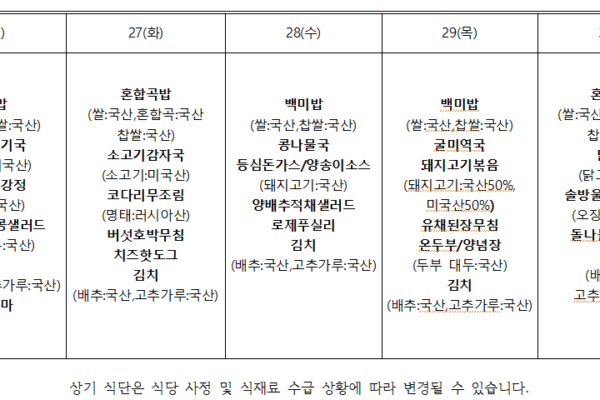 1월 5주 식단표입니다.