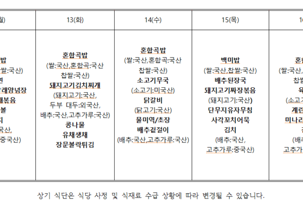 1월 3주 식단표입니다.