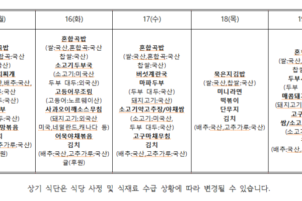 12월 3주 식단표입니다.